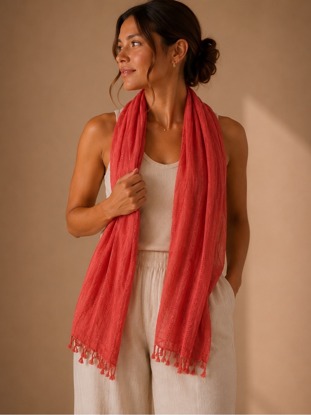Echo Burnt Orange Fringe Scarf Lightweight Rayon Wrap Boho